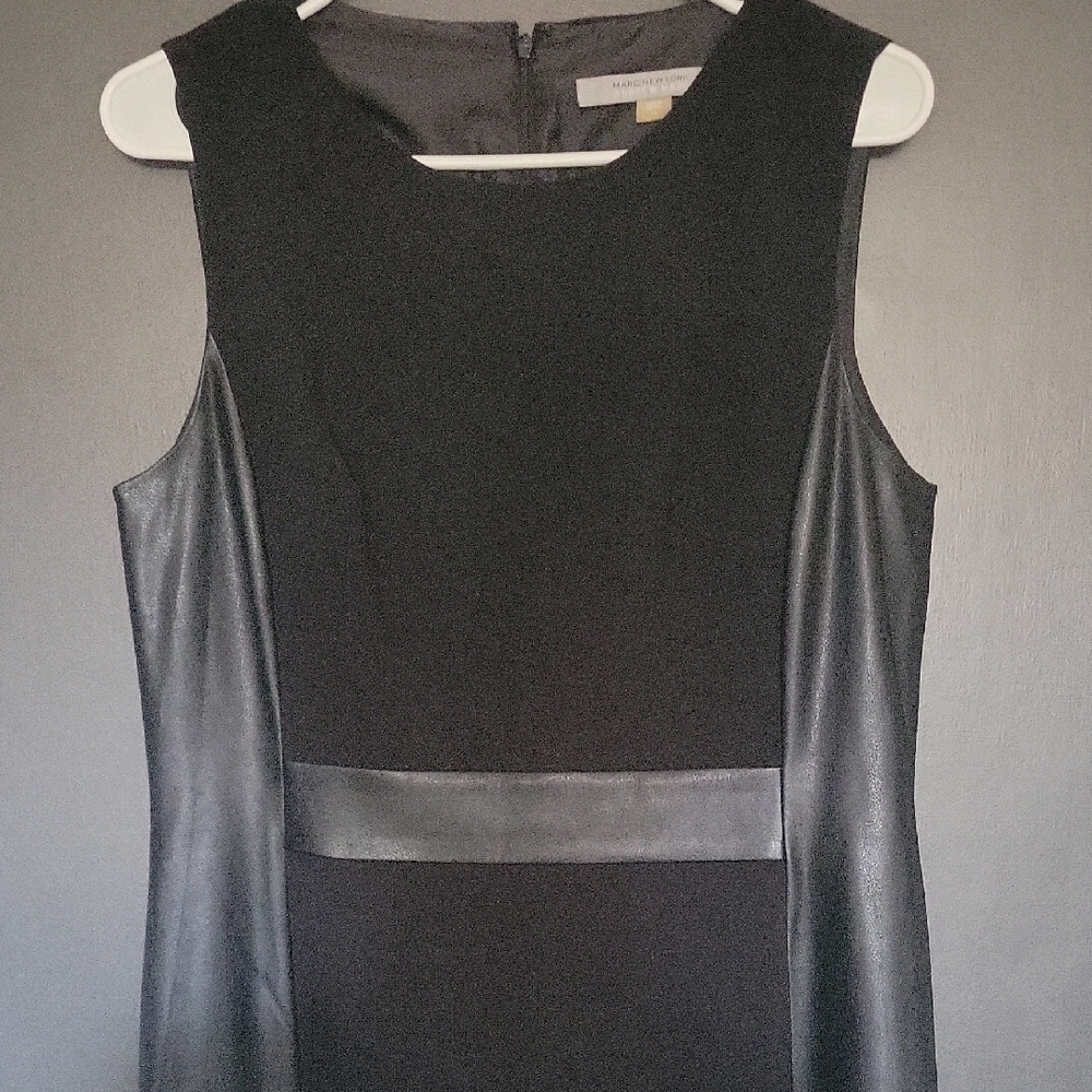 Elegant Black Midi Dress with Faux Leather Panels